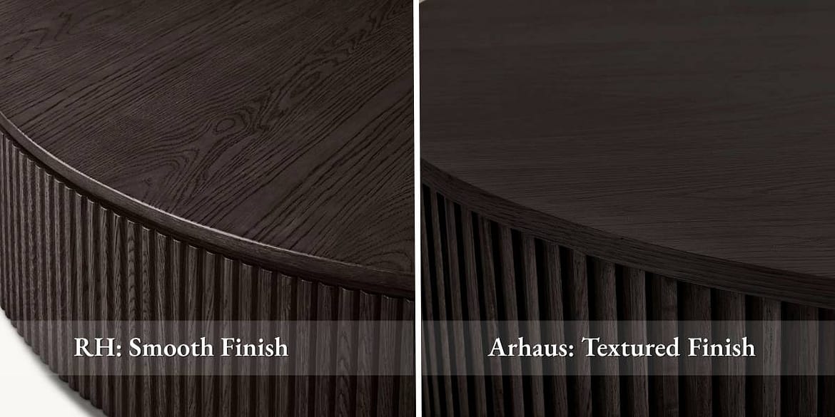 Luxury Home Decor Side-by-side close-up of RH-style smooth wood finish versus Arhaus-style textured wood finish.