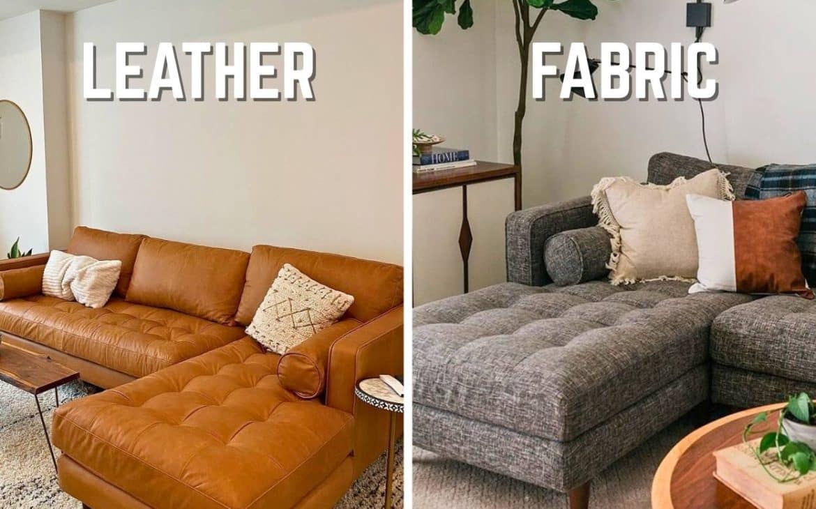 Luxury Home Decor Side-by-side comparison of fabric and leather versions of a mid-century sofa similar to the Article Sven.