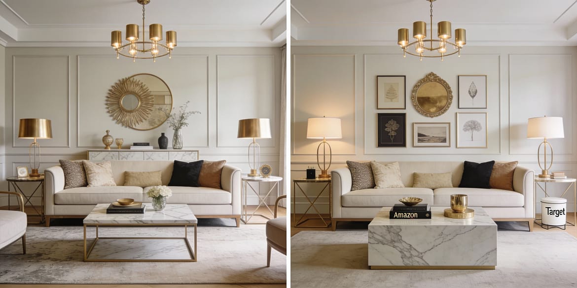 Luxury Home Decor High-low interior design showing luxury furniture and budget alternatives side by side