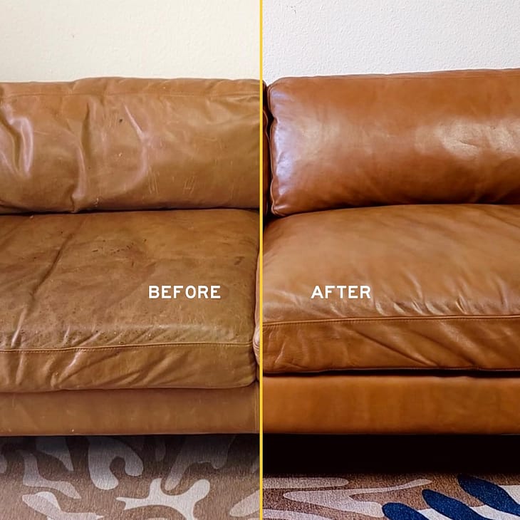 Luxury Home Decor Split view: cracked dry leather couch before vs smooth after treatment.