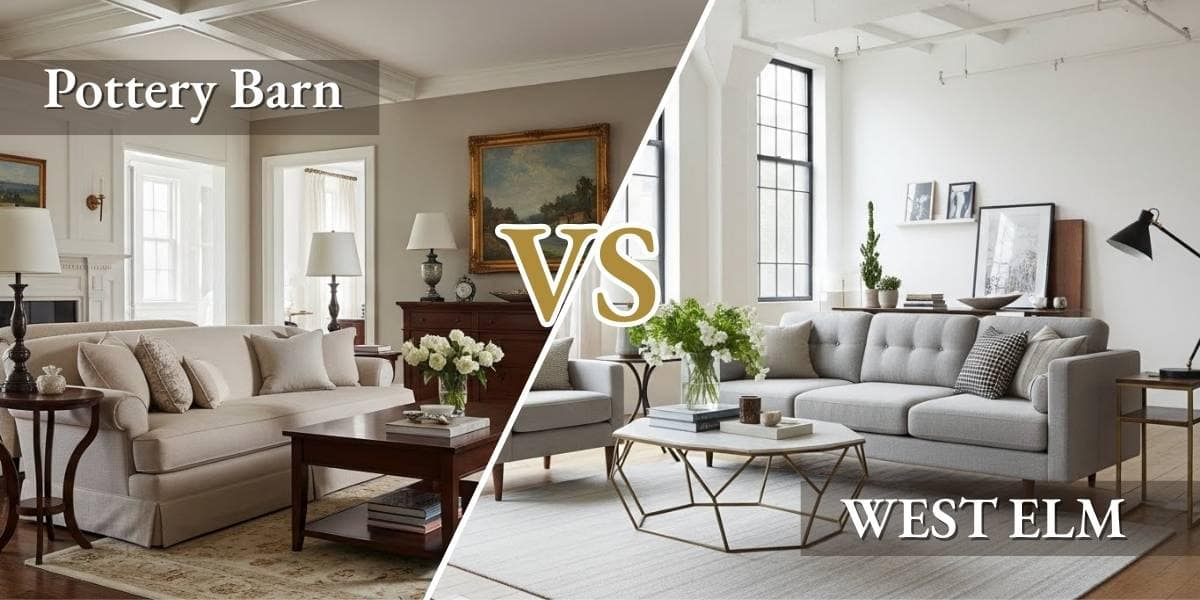 pottery-barn-vs-west-elm-style-comparison Pottery Barn vs West Elm comparison table showing price, style, delivery time, and sustainability differences
