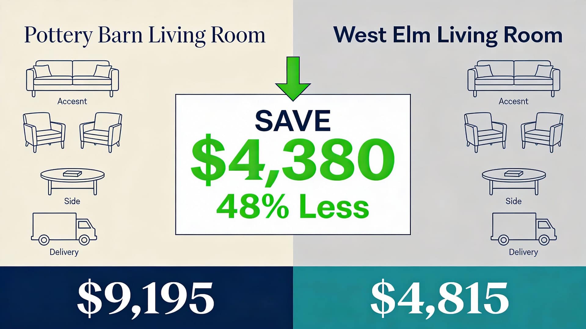 Pottery Barn vs West Elm Living Room Cost Comparison Price comparison infographic showing Pottery Barn living room costs $9,195 versus West Elm living room at $4,815 saving $4,380